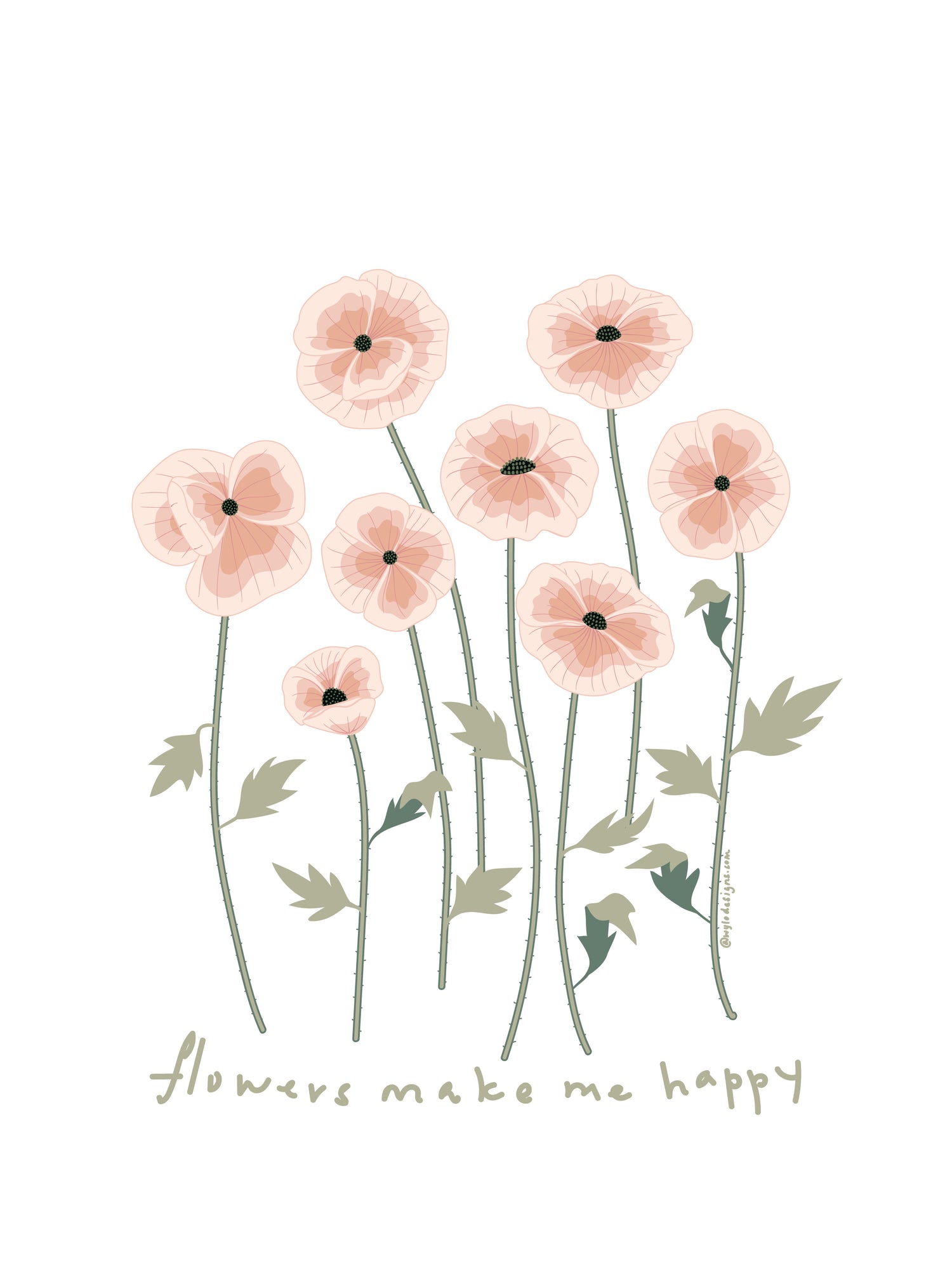 Illustration of pink flowers with green stems on a white background, accompanied by the text &
