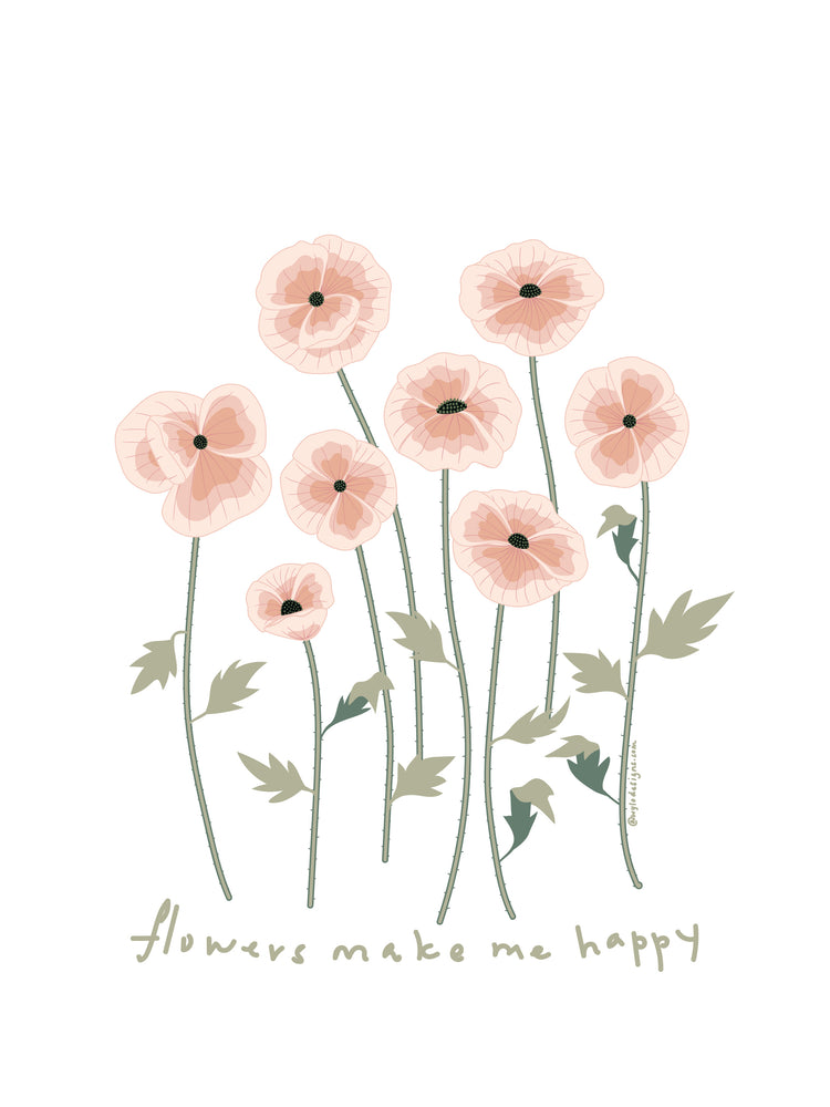 Illustration of pink flowers with green stems on a white background, accompanied by the text &