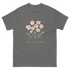 Gray t-shirt featuring a floral design with pink flowers and the text flowers make me happy. Flowers make me happy Poppy Meadow tee