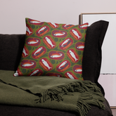 Decorative pillow with sardine-themed pattern on a cozy sofa. Sardines (Red Can) All-Over-Print Pillows
