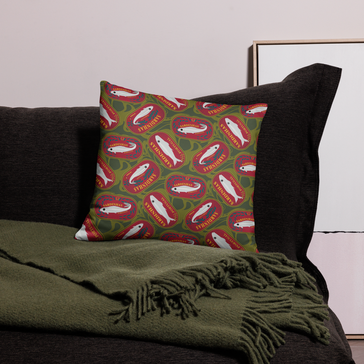 Decorative pillow with sardine-themed pattern on a cozy sofa. Sardines (Red Can) All-Over-Print Pillows
