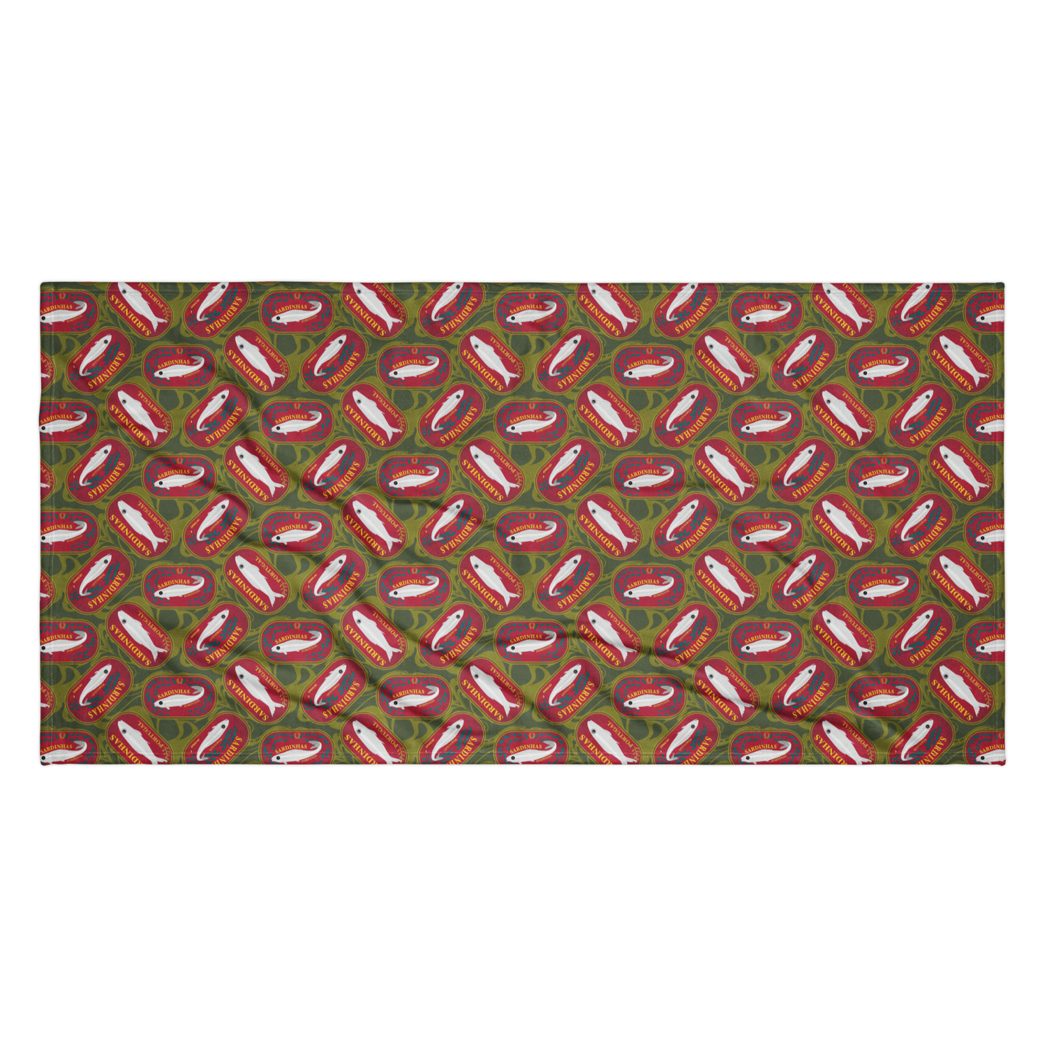 Green towel with repeating red and white fish pattern design. Sardines (Red Can) Beach Towel