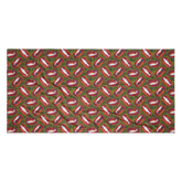 Green towel with repeating red and white fish pattern design. Sardines (Red Can) Beach Towel