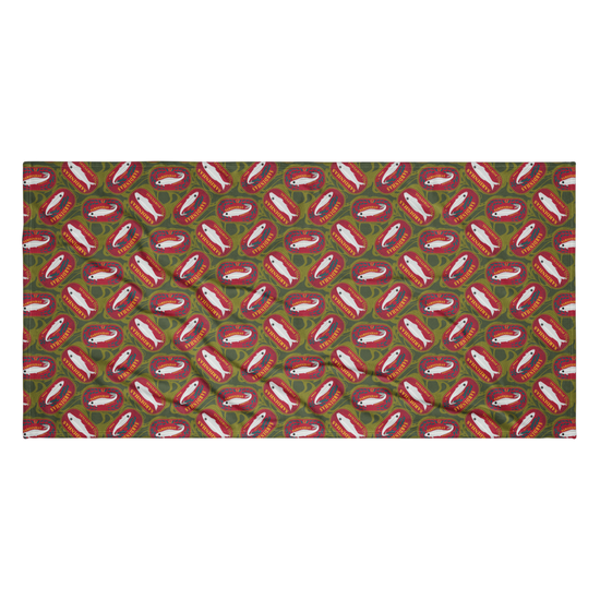 Green towel with repeating red and white fish pattern design. Sardines (Red Can) Beach Towel
