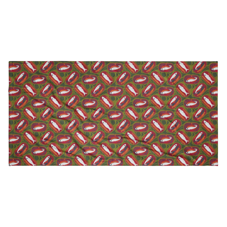 Green towel with repeating red and white fish pattern design. Sardines (Red Can) Beach Towel