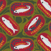 Pattern of sardine labels with fish illustrations on a green background. Sardines (Red Can) Beach Towel pattern