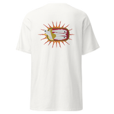 White t-shirt featuring a colorful graphic of sardines in a can with a sunburst design. Sardines (Red Can) tee