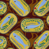 Pattern of Sardinha labels with sardine fish illustrations on a dark red background. Sardines (Yellow Can) Beach Towel