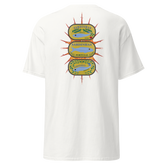 White t-shirt featuring a colorful Sardinhas Portugal design with fish illustrations. Sardines (Yellow Can) tee