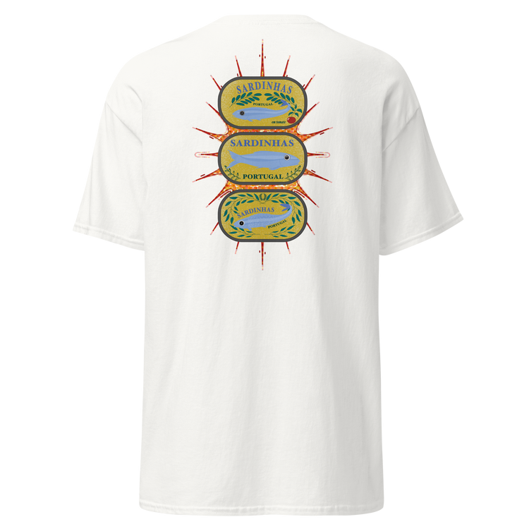 White t-shirt featuring a colorful Sardinhas Portugal design with fish illustrations. Sardines (Yellow Can) tee
