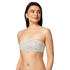 Woman wearing a floral-patterned strapless bandeau top.