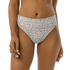Woman wearing white bikini bottom with pink floral pattern.