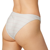 White bikini bottom with pink horizontal stripes on a model.