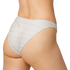 White bikini bottom with pink horizontal stripes on a model.