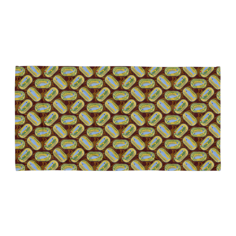 Patterned fabric featuring repeated oval designs with birds and greenery on a brown background. Sardines (Yellow Can) Beach Towel