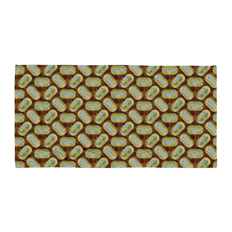 Patterned fabric featuring repeated oval designs with birds and greenery on a brown background. Sardines (Yellow Can) Beach Towel
