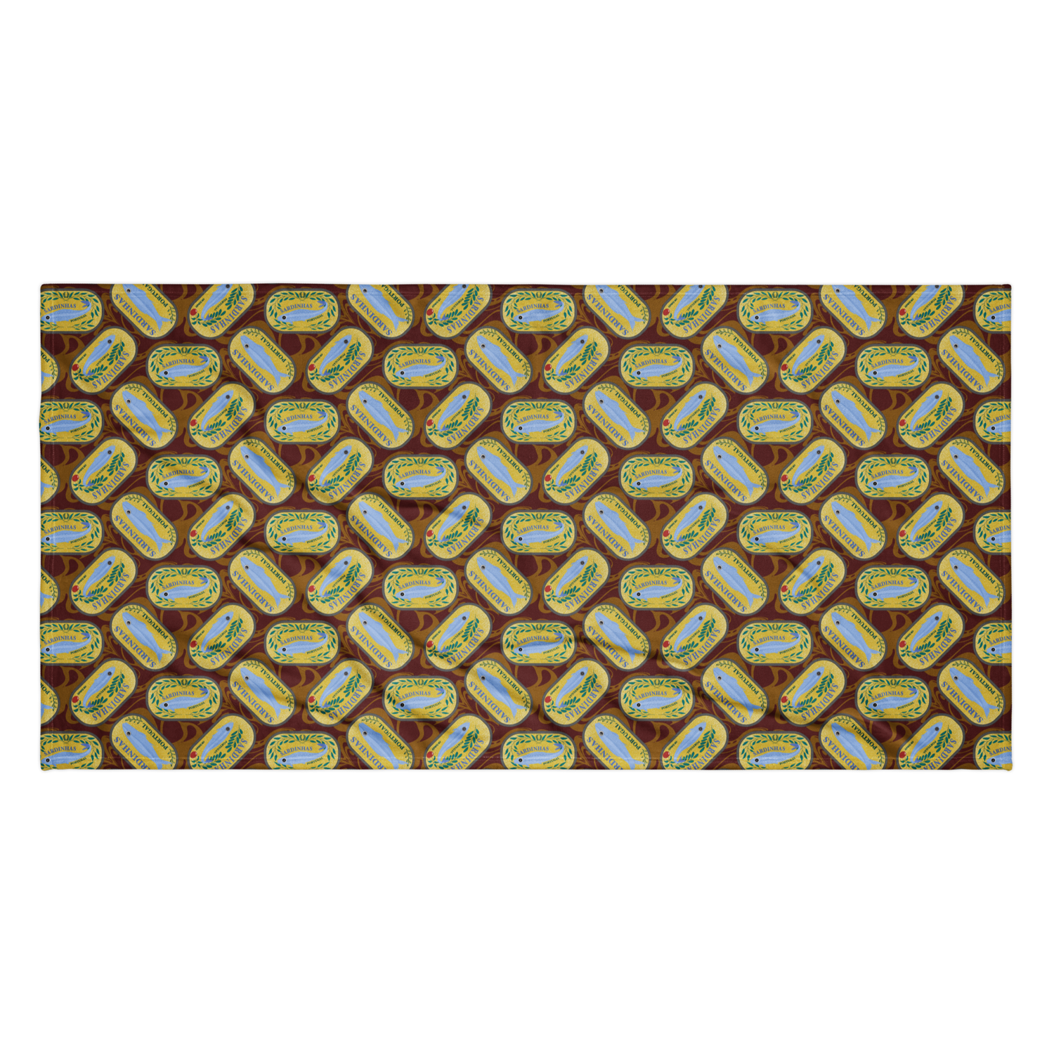 Beach towel with repeating vintage tin can design featuring fish and greenery on a brown background. Sardines (Yellow Can) Beach Towel