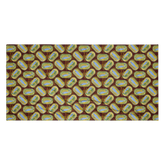 Beach towel with repeating vintage tin can design featuring fish and greenery on a brown background. Sardines (Yellow Can) Beach Towel