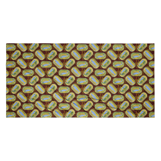 Beach towel with repeating vintage tin can design featuring fish and greenery on a brown background. Sardines (Yellow Can) Beach Towel