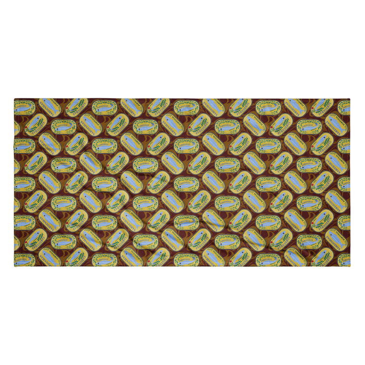 Beach towel with repeating vintage tin can design featuring fish and greenery on a brown background. Sardines (Yellow Can) Beach Towel
