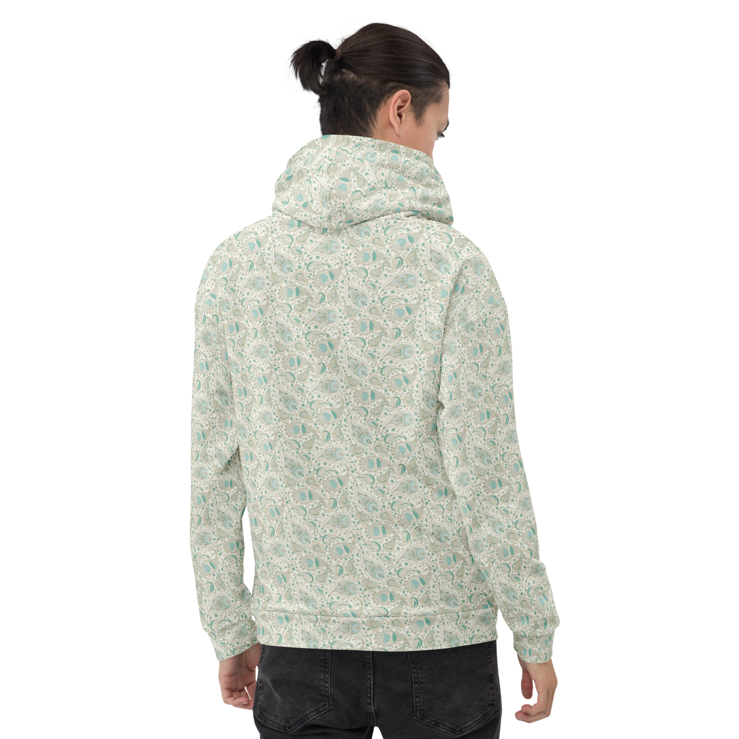 male model back view of paisley field winter hoodie
