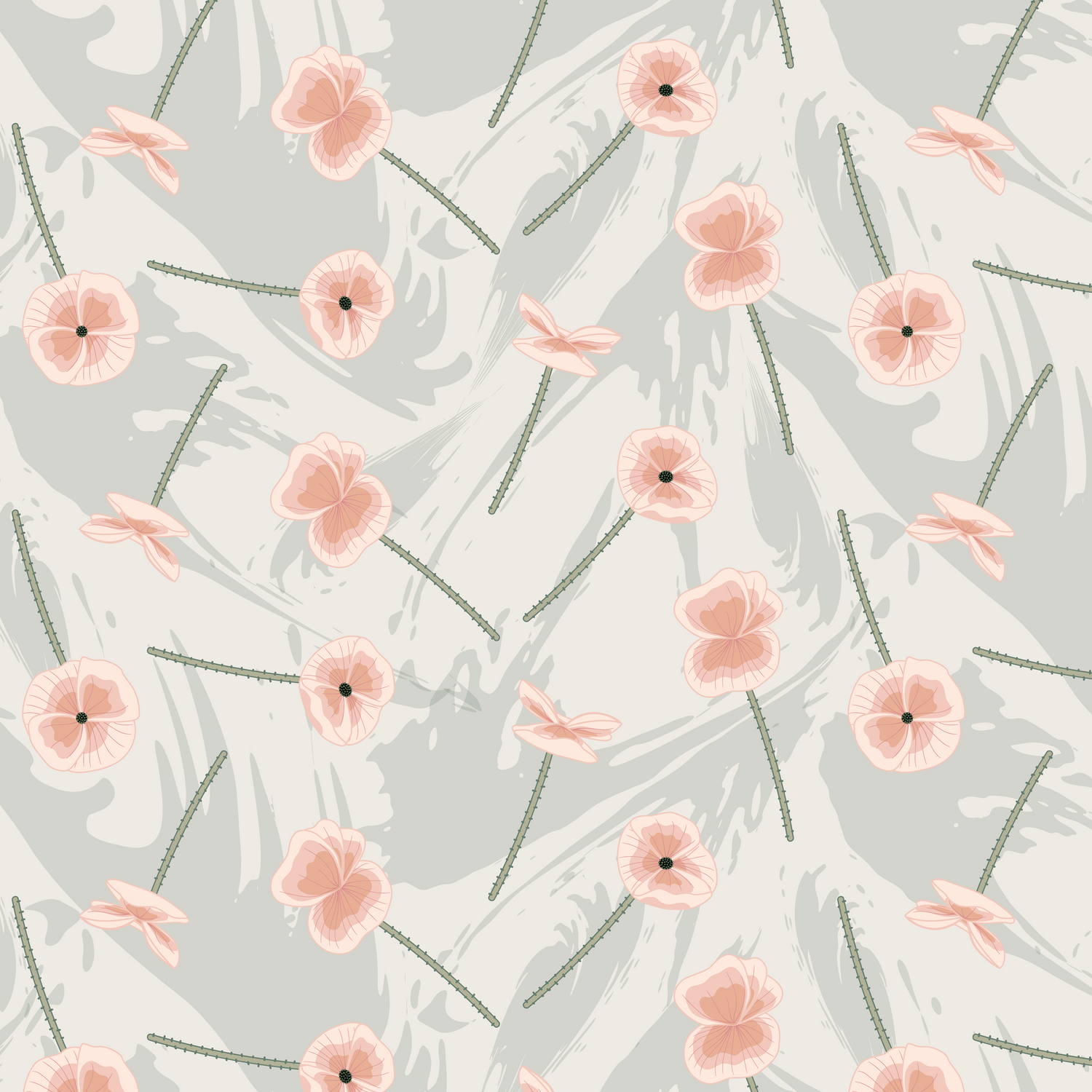 Pattern of pink flowers with green stems on a light gray background, poppy floral pattern