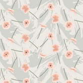 Pattern of pink flowers with green stems on a light gray background, poppy floral pattern
