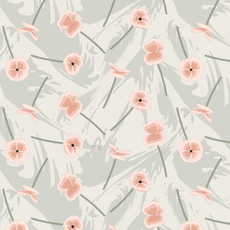 Pattern of pink flowers with green stems on a light gray background, poppy floral pattern